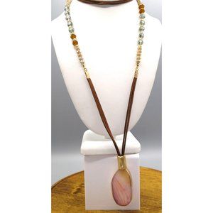 Vintage Leather and Crystal Bead Cord Necklace with Bezel Set Banded Agate Slice